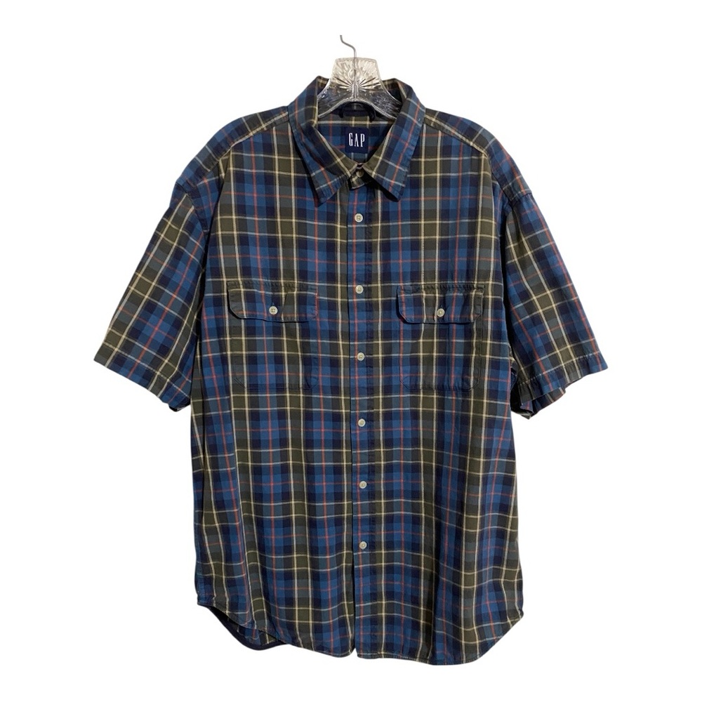 GAP Men's Casual Navy and Olive Plaid Shirt